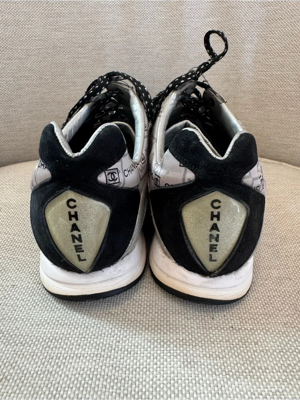 CHANEL Black & Silver Logo-Print Sneakers. Sz 39/9. Comes with dustbag